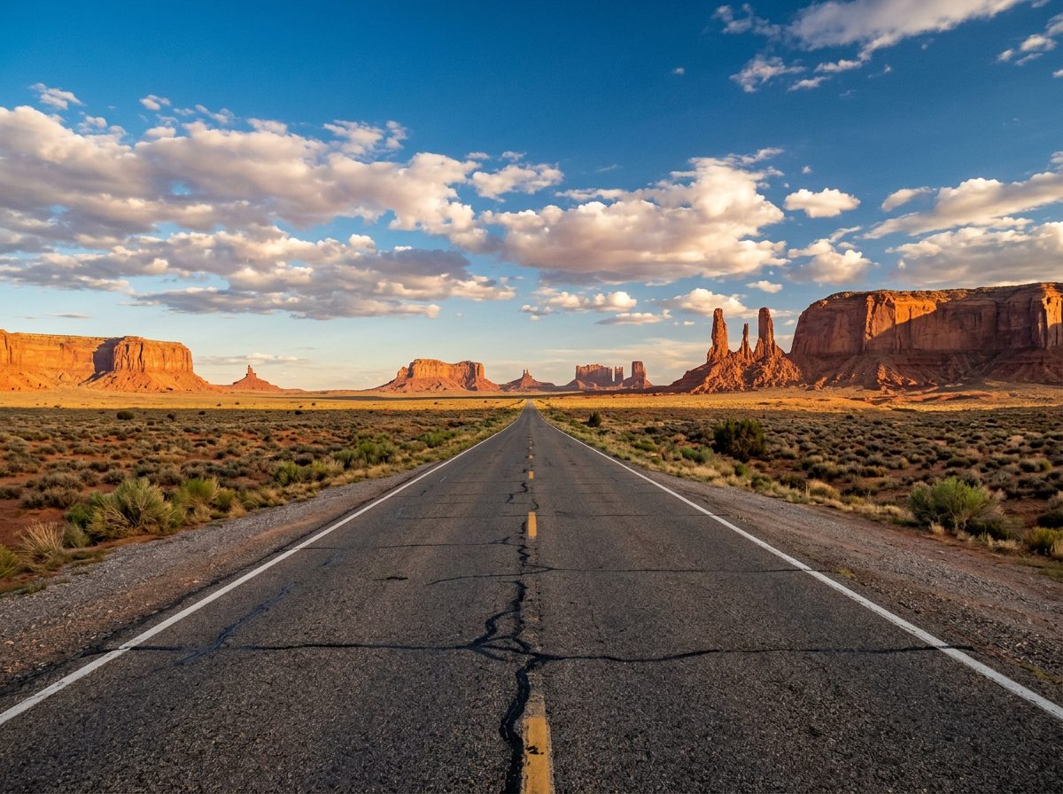 A straight two-lane highway leading toward the sandstone buttes of Monument Valley